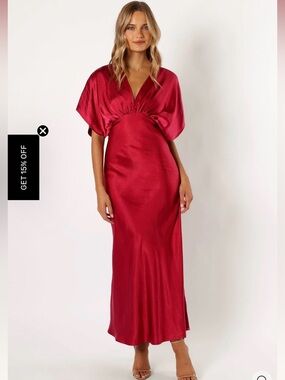 Petal & Pup Ricki Elegant Red Satin V-Neck Maxi Dress